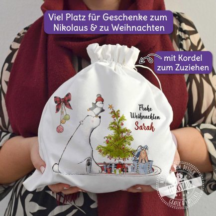 Geschenksack für Weihnachten, Nikolo, mit Namen und Weihnachtsmotiv bedruckt