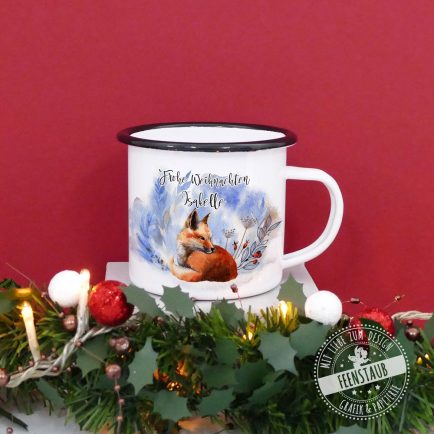 Emaille Tasse mit Fuchs, mit Namen bedruckte Weihnachtstasse