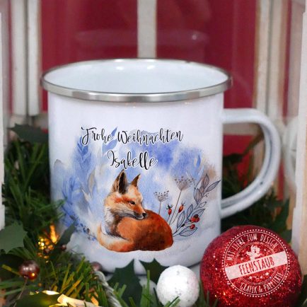 Emaillierte Tasse bedruckt mit Fuchs und Namen, personalisierte Weihnachtstasse