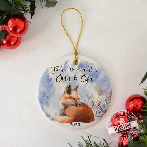 Weihnachtsanhänger rund, bedruckt mit Fuchs und Namen, persönlicher Weihnachtsschmuck