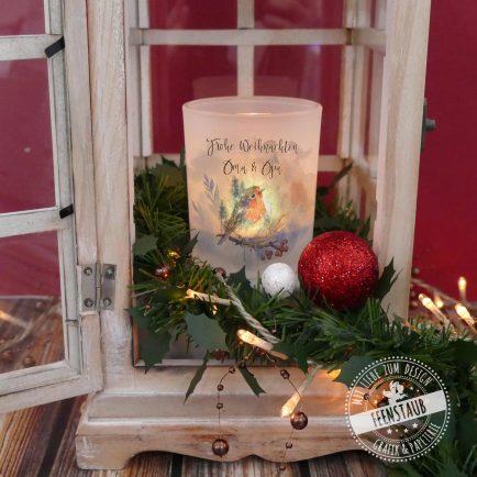 Weihnachtsdeko Rotkehlchen, Windlichtglas