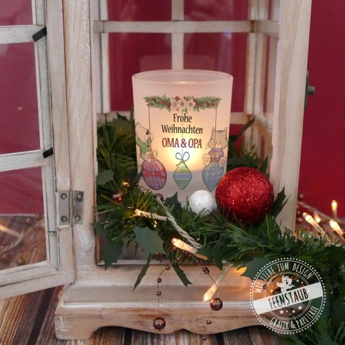 Weihnachten Windlicht Glas, personalisiertes Teelichtglas, Weihnachtskugeln Motiv