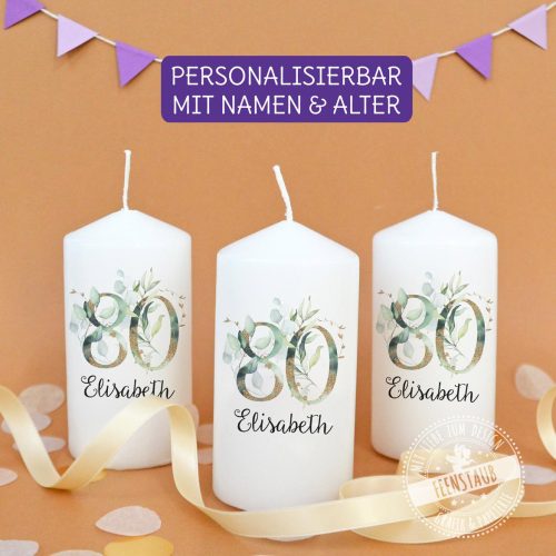 Kerzen personalisieren mit Kerzentattoos im Eukalyptus Design für Geburtstage