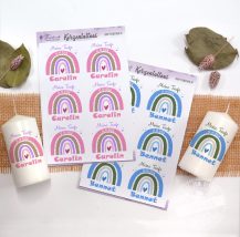 Kerzentattoos für die Taufe, Taufdeko mit Namen personalisiert, Regenbogen