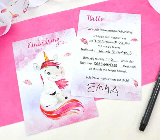 Einhorn Geburtstagseinladungen, Einladungskarte Einhörner rosa