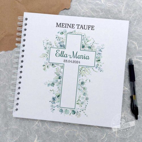 Erinnerungsbuch an die hl Taufe, Cover mit Eukalyptus Kreuz