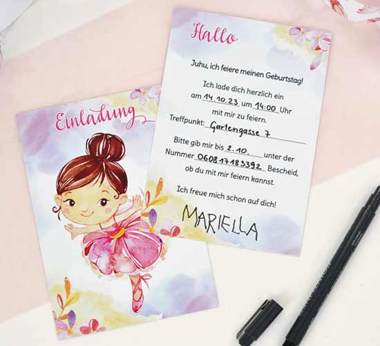 Ballerina Einladungen, Kindergeburtstag, Einladungskarten