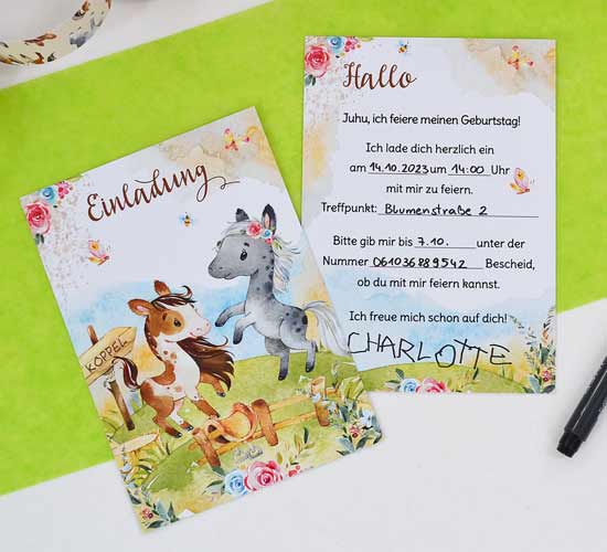 Einladungskarten Pferde, Pferdegeburtstag, Kinderparty