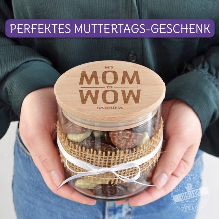 Glas mit Deckel, graviert und personalisiert Geschenk Muttertag