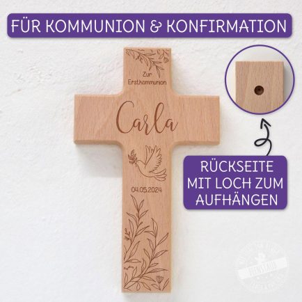 Kreuz zum Aufhängen aus Buchenholz, Kinderkreuz mit Namen