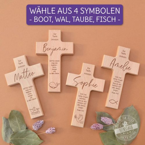 Personalisiertes Kreuz aus Buchenholz, Geschenk Taufe
