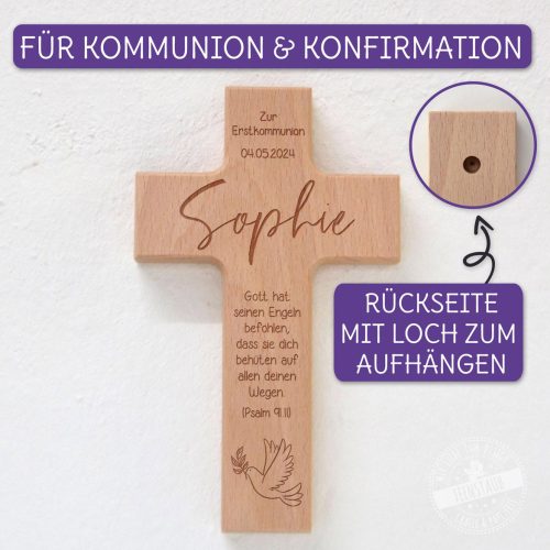 Kinderkreuz personalisiert mit Spruch und Namen, Holzkreuz