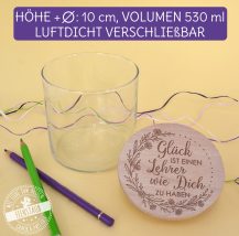 Glas mit graviertem Holzdeckel mit Spruch, personalisiertes Lehrergeschenk