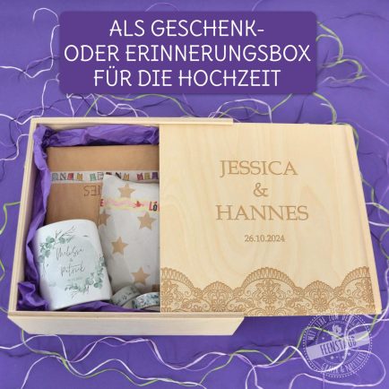 Gravierte Holzbox, Verpackung Geschenk Hochzeit, Hochzeitsbox