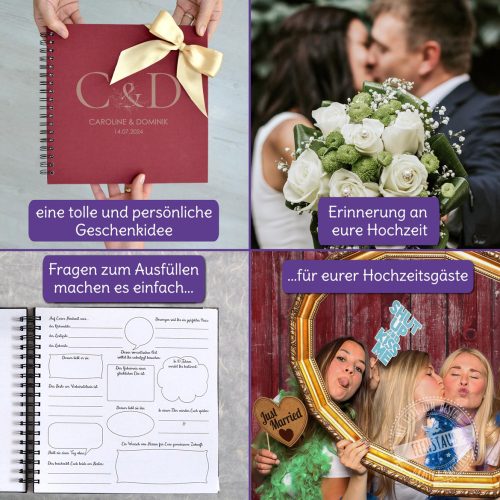 Personalisiertes Gästebuch Hochzeit, graviert mit Namen, vorgedruckte Fragen