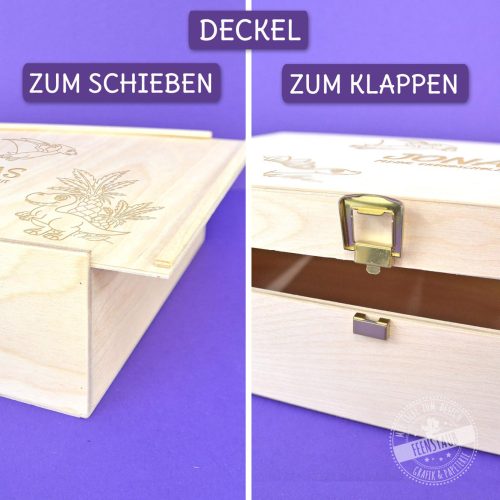 Geschenkbox, Holzkiste mit Deckel graviert mit Namen, Dinos