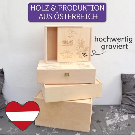 Holzkiste Dinos, personalisiert mit Namen