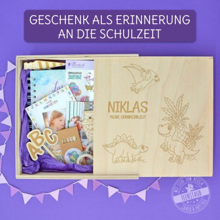 Erinnerungsbox Schulzeit, graviert mit Namen, Dinos