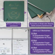 Personalisiertes Taufgästebuch mit Gravur, Erinnerungsalbum Taufe mit vorgedruckten Fragen