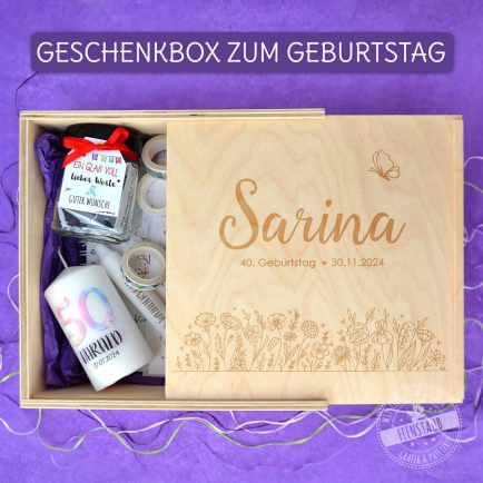 Geschenkboxen Geburtstag, Gravierte Holzkiste mit Deckel Wiese