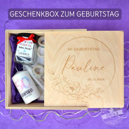 Gravierte Box aus Holz, personalisierte Geschenkbox mit Namen, Blumen