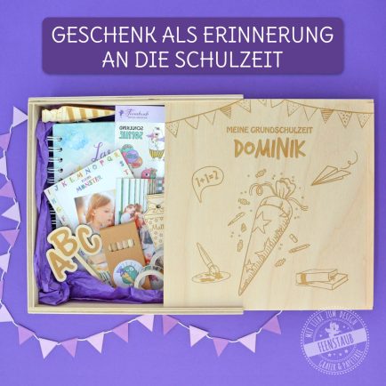 Holzbox graviert mit Schultüte und Namen, personalisierte Geschenkbox