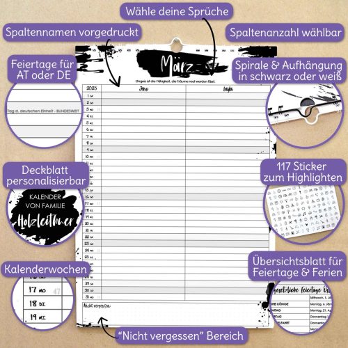 Familienkalender mit 2-5 Spalten, anpassbar, Terminplaner 2025