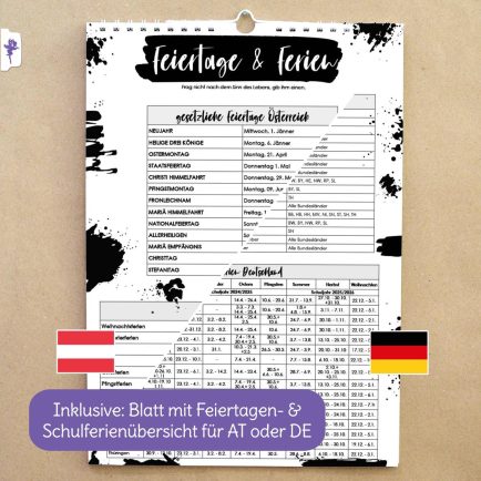 Kalender mit deutschen oder österreichischen Feiertagen, Jahresplaner 2025, ink