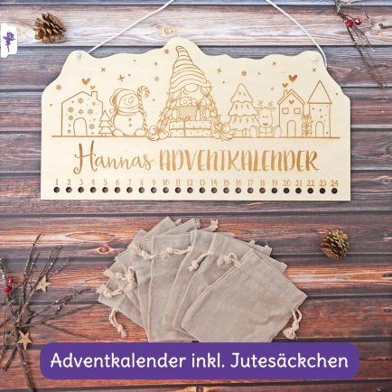 Adventskalender Holzleiste mit Säckchen, Weihnachtsgnom