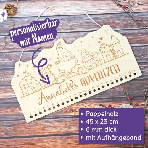 Gravierter Weihnachtskalender personalisiert, Holzleiste Gnom