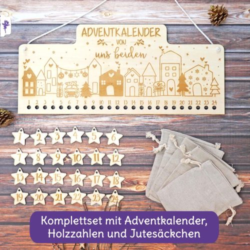 Adventskalender Holz, personalisiert mit Namen, Weihnachtsdorf