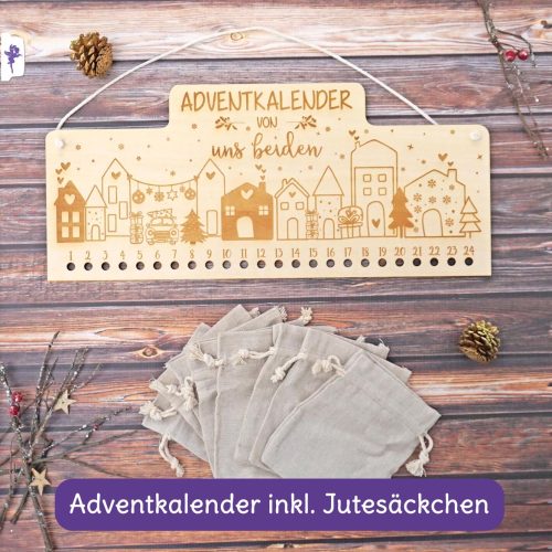 Holz Adventkalender mit Namen graviert, Weihnachtsdorf