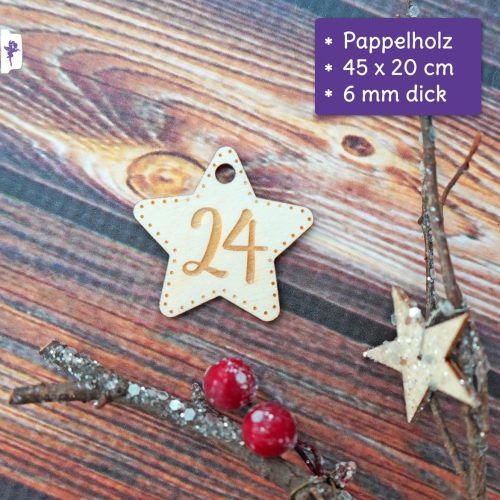 Zahlen Adventkalender zum Aufhängen, Holzsterne