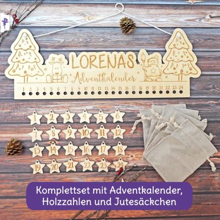 Adventkalender Set, mit Säckchen und Holzzahlen, gravierte Adventskalender