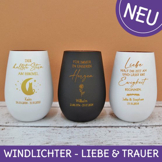 Windlichter weiß und schwarz für Trauer, Hochzeit und Familie